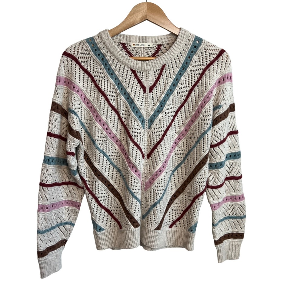MARINE LAYER Brooke Cream Chevron Stripe Open Knit Sweater Cotton Blend XS